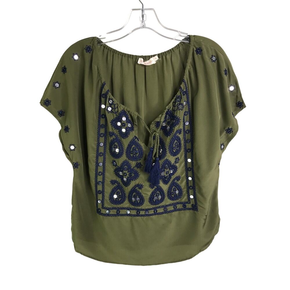 Tory Burch Camille Embroidered Silk Blouse Womens Size 0 Olive Green boho chic